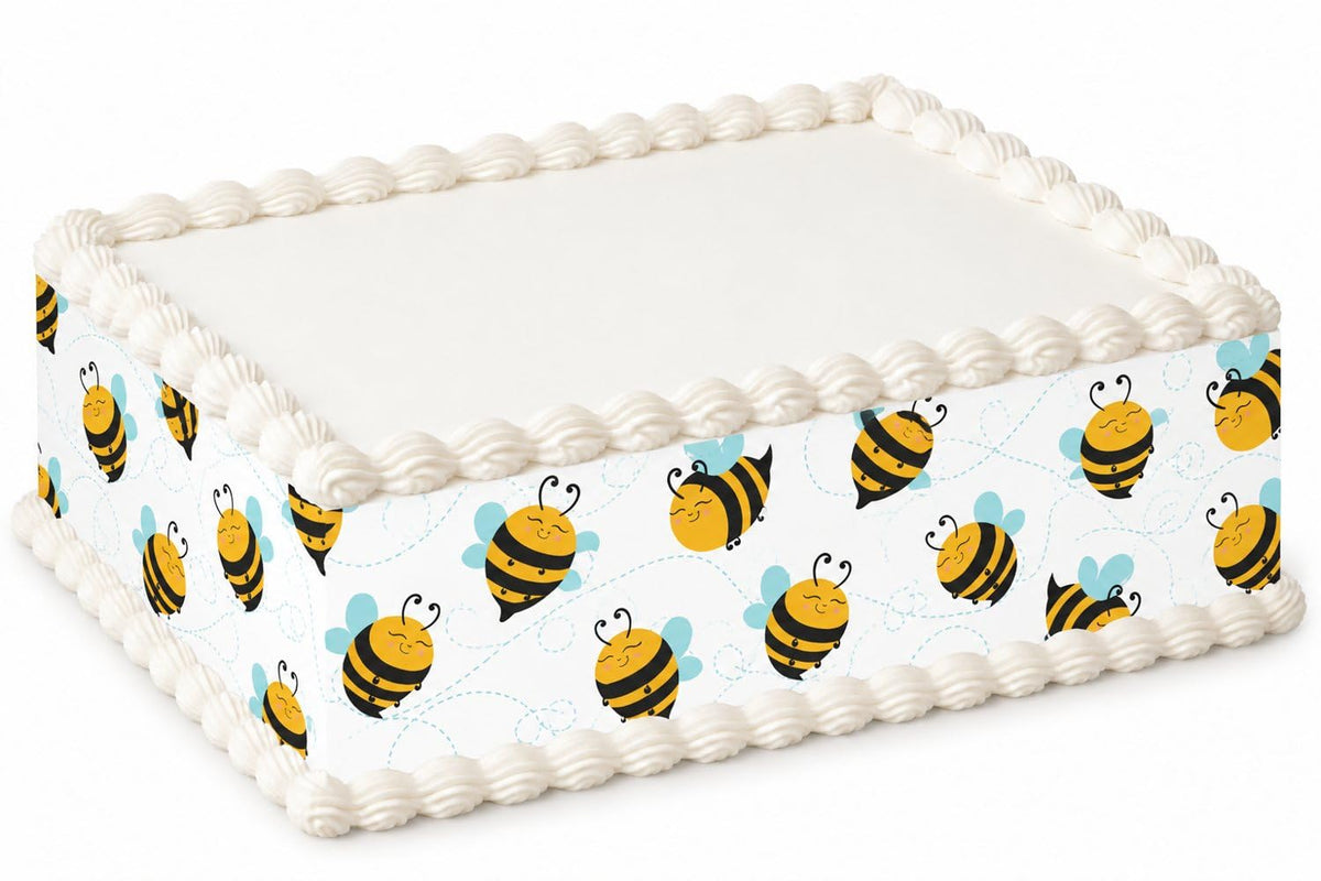 Honeybees on White Pattern Edible Image Cake Border Strips, by Party Poppin Cake Toppin. (1 Count)