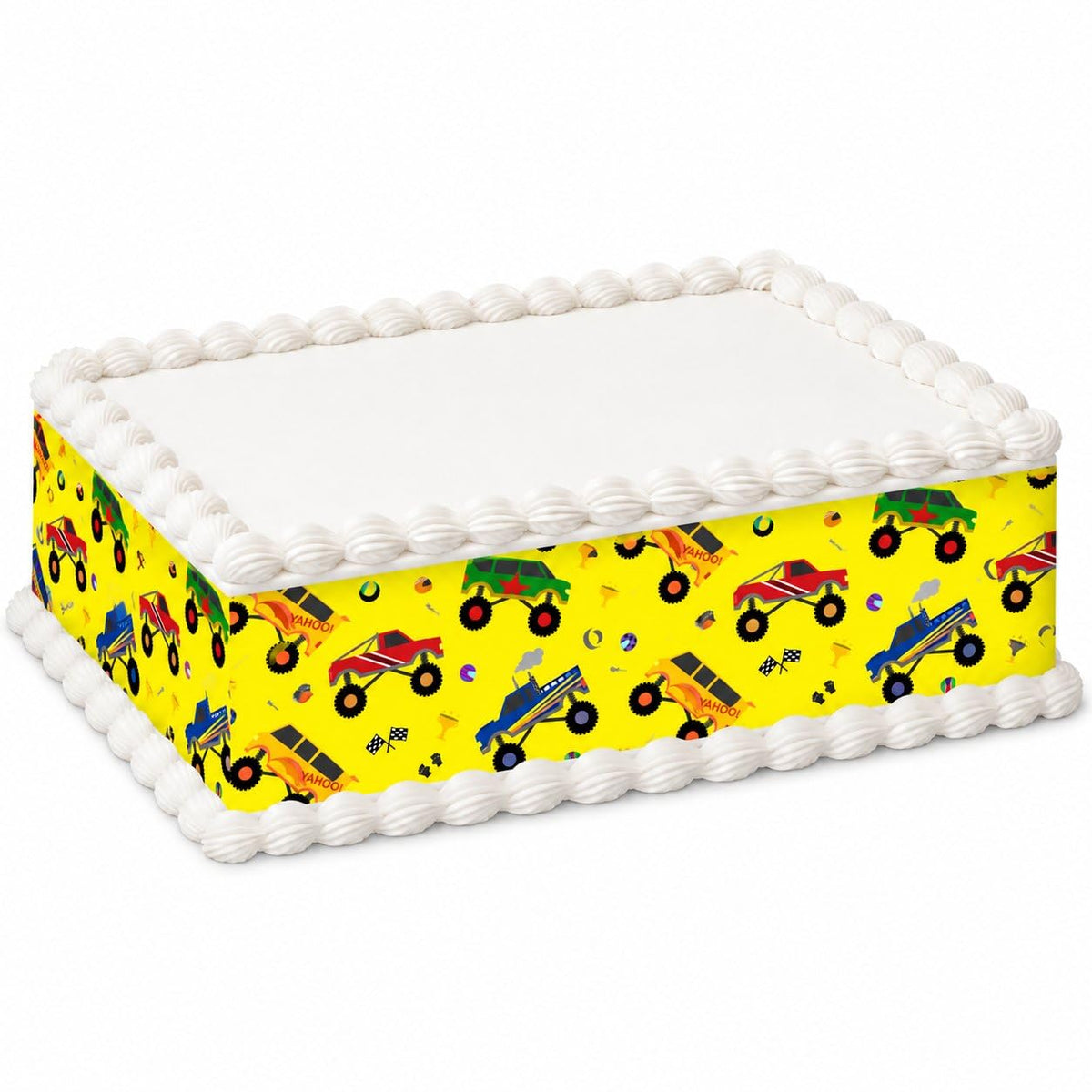 Colorful Monster Trucks on Yellow Pattern Edible Image Cake Border Strips, by Party Poppin Cake Toppin. (1 Count)
