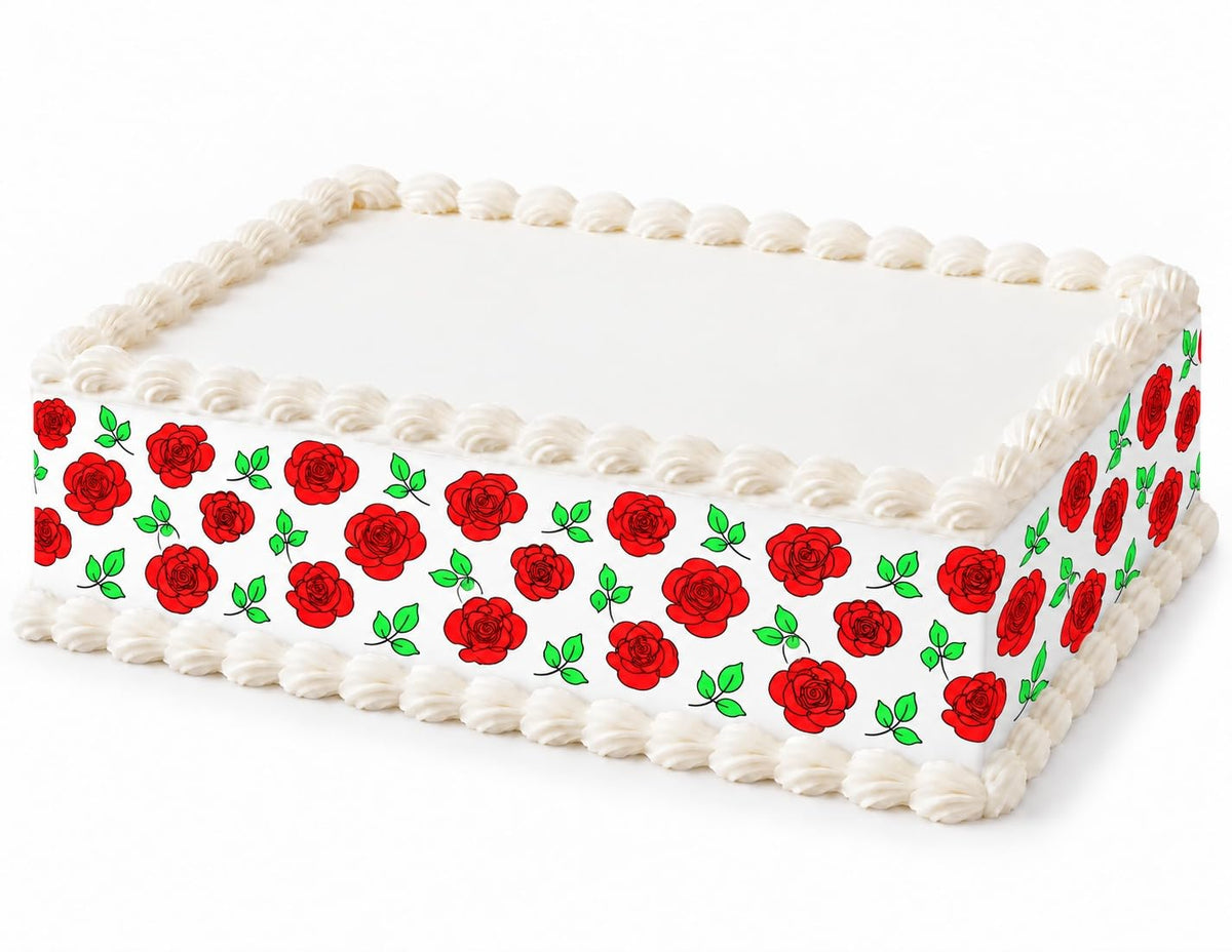 Red Roses and Green Leaves on White Pattern Edible Image Cake Border Strips, by Party Poppin Cake Toppin. (1 Count)