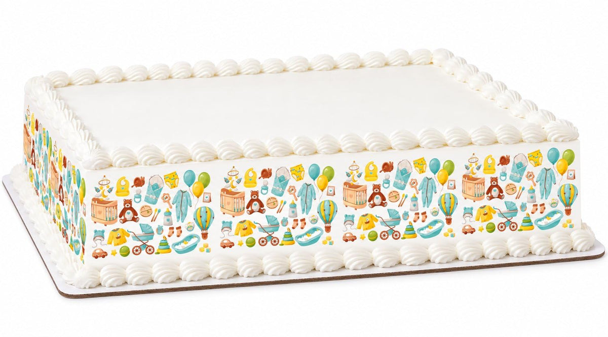 Watercolor Baby Clothes Toys and Nursery Collection Edible Image Cake Border Strips, by Party Poppin Cake Toppin. (1 Count)