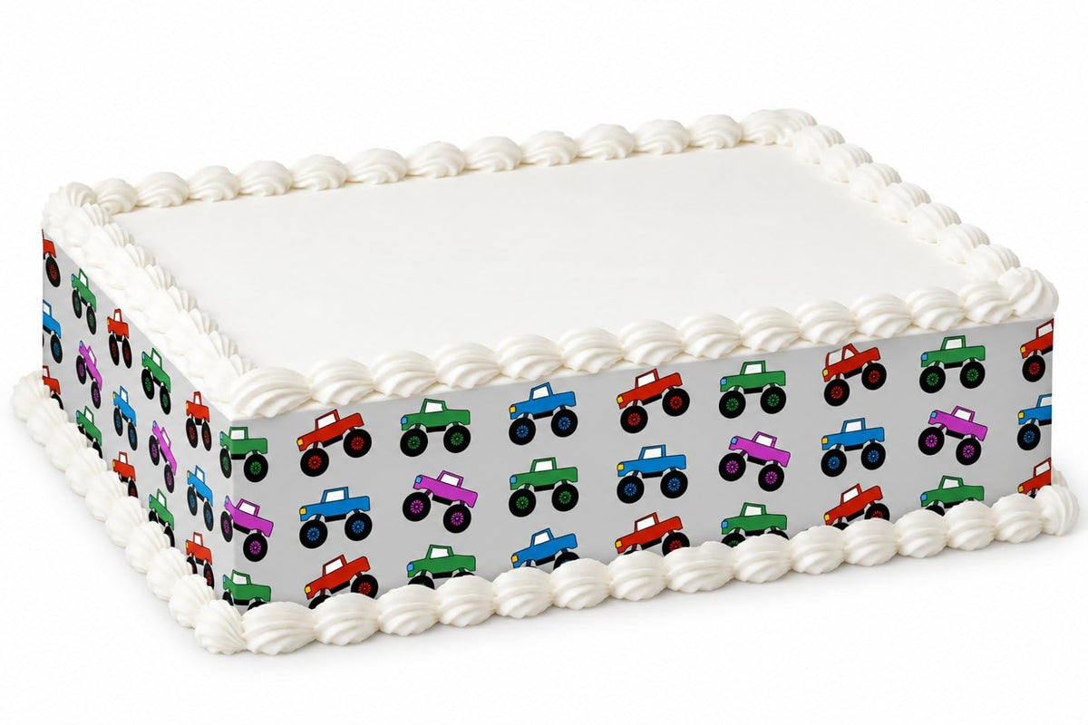 Colorful Monster Trucks on Gray Pattern Edible Image Cake Border Strips, by Party Poppin Cake Toppin. (1 Count)