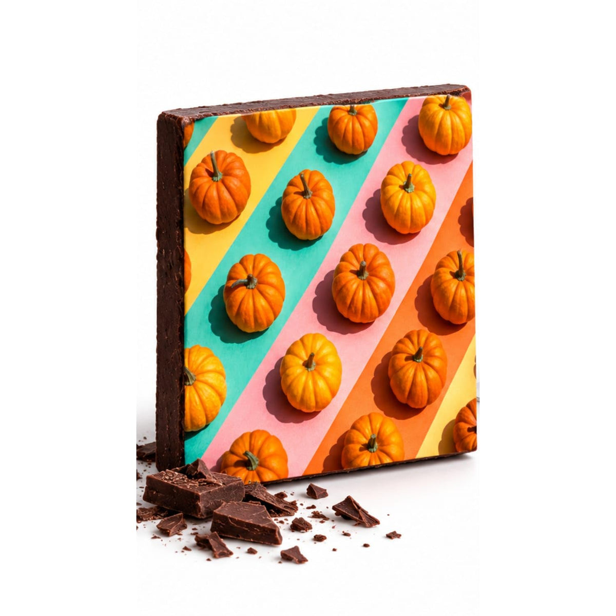 Orange Pumpkins on Colorful Diagonal Rows Edible Chocolate Transfer Sheet for Chocolate Treats, 1 Count