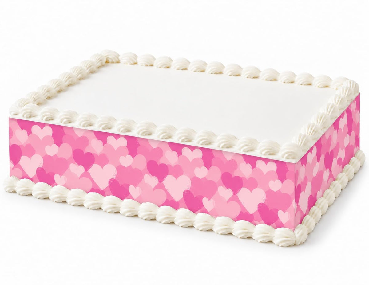 Layered Pink Hearts Pattern Edible Image Cake Border Strips, by Party Poppin Cake Toppin. (1 Count)