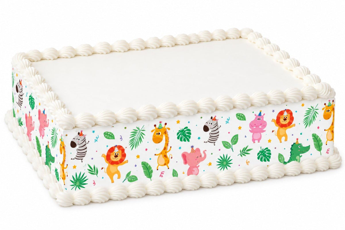 Cute Jungle Animals and Leaves Pattern Edible Image Cake Border Strips, by Party Poppin Cake Toppin. (1 Count)