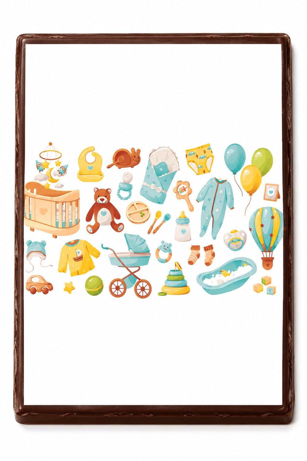 Watercolor Baby Clothes Toys and Nursery Collection Edible Chocolate Transfer Sheet, by Party Poppin Cake Toppin. (1 Count)