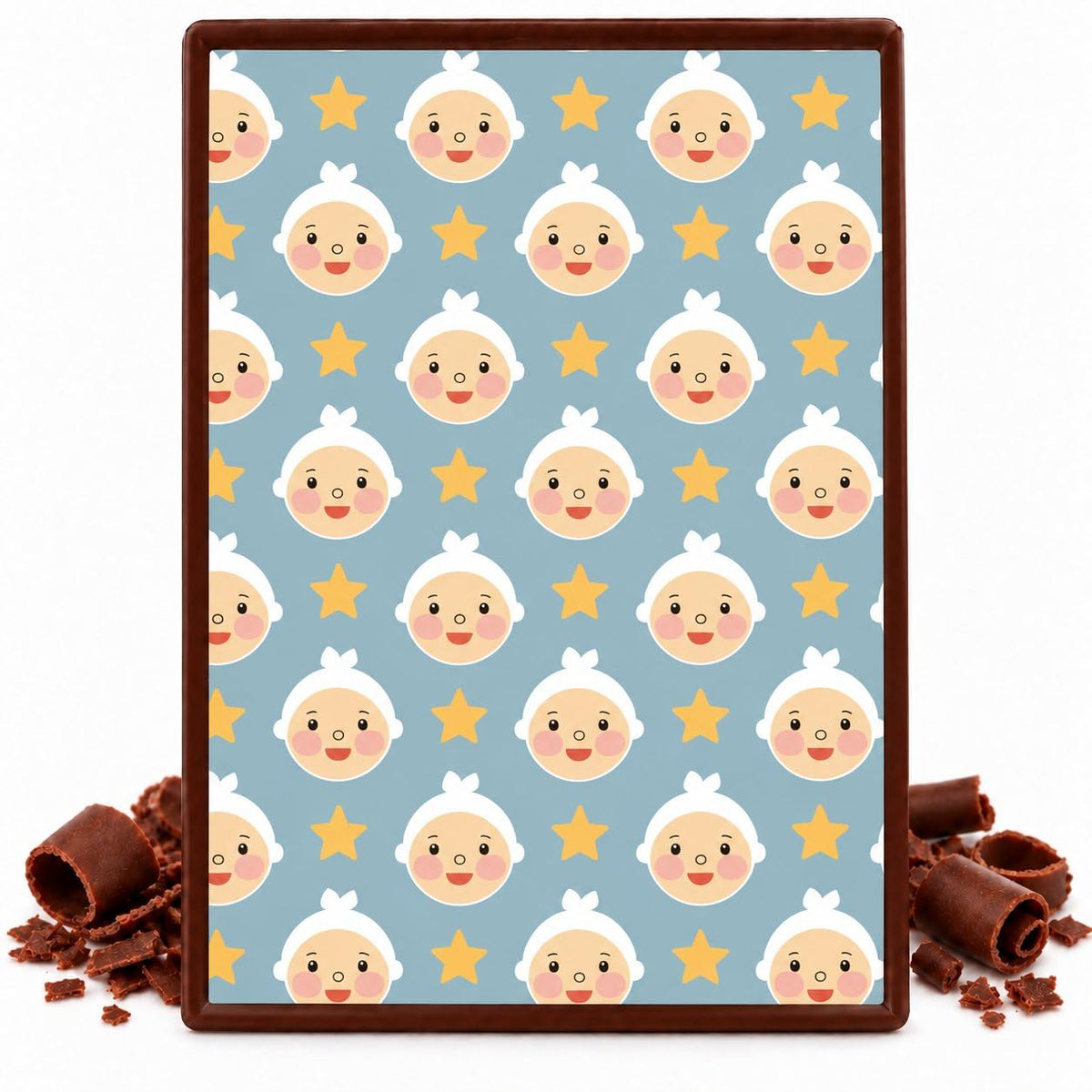 Smiling Baby Faces and Stars on Blue Pattern Edible Chocolate Transfer Sheet, by Party Poppin Cake Toppin. (1 Count)
