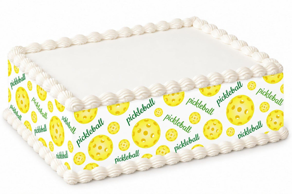 Yellow Pickleballs and Green Lettering Pattern Edible Image Cake Border Strips, by Party Poppin Cake Toppin. (1 Count)