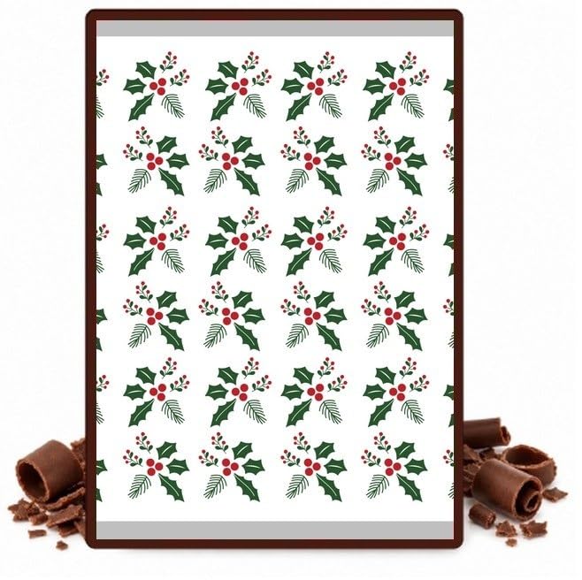 Small Holly Sprigs and Red Berries Edible Chocolate Transfer Sheet for Chocolate Covered Strawberries and Bark, 1 Count