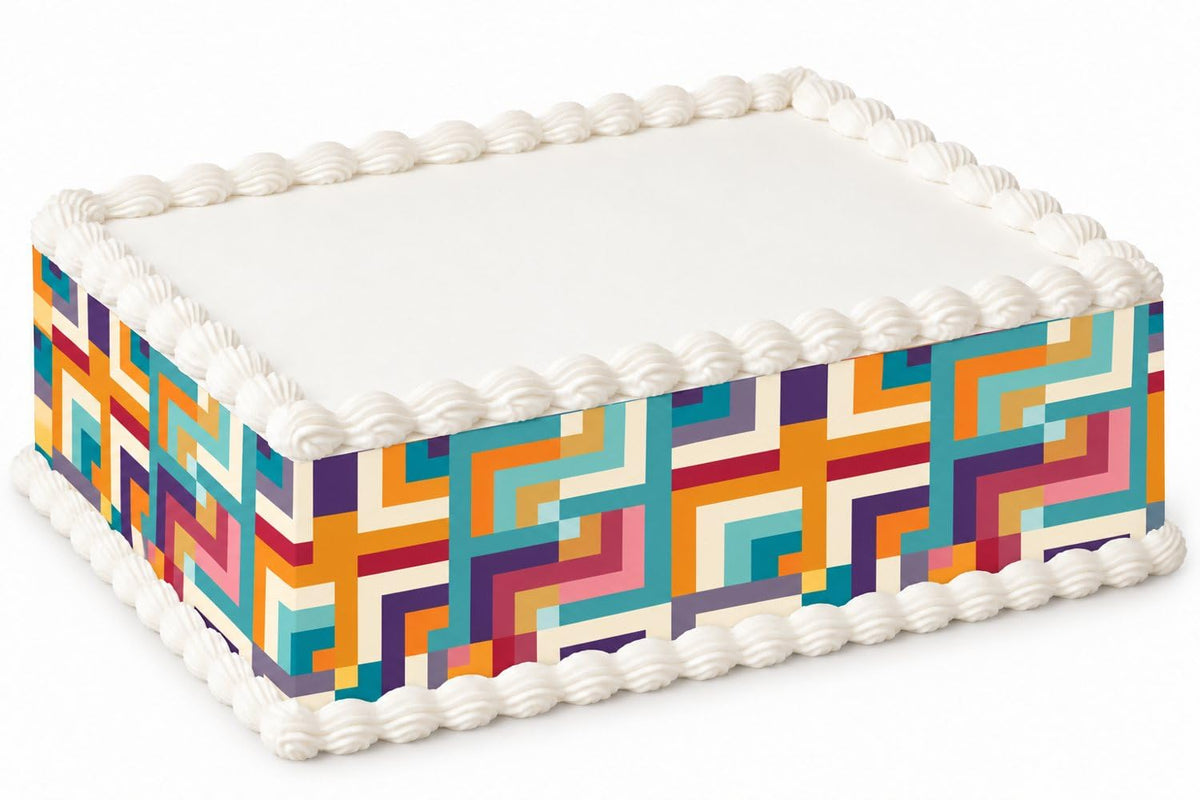 Multicolor Geometric Maze Pattern Edible Image Cake Border Strips, by Party Poppin Cake Toppin. (1 Count)