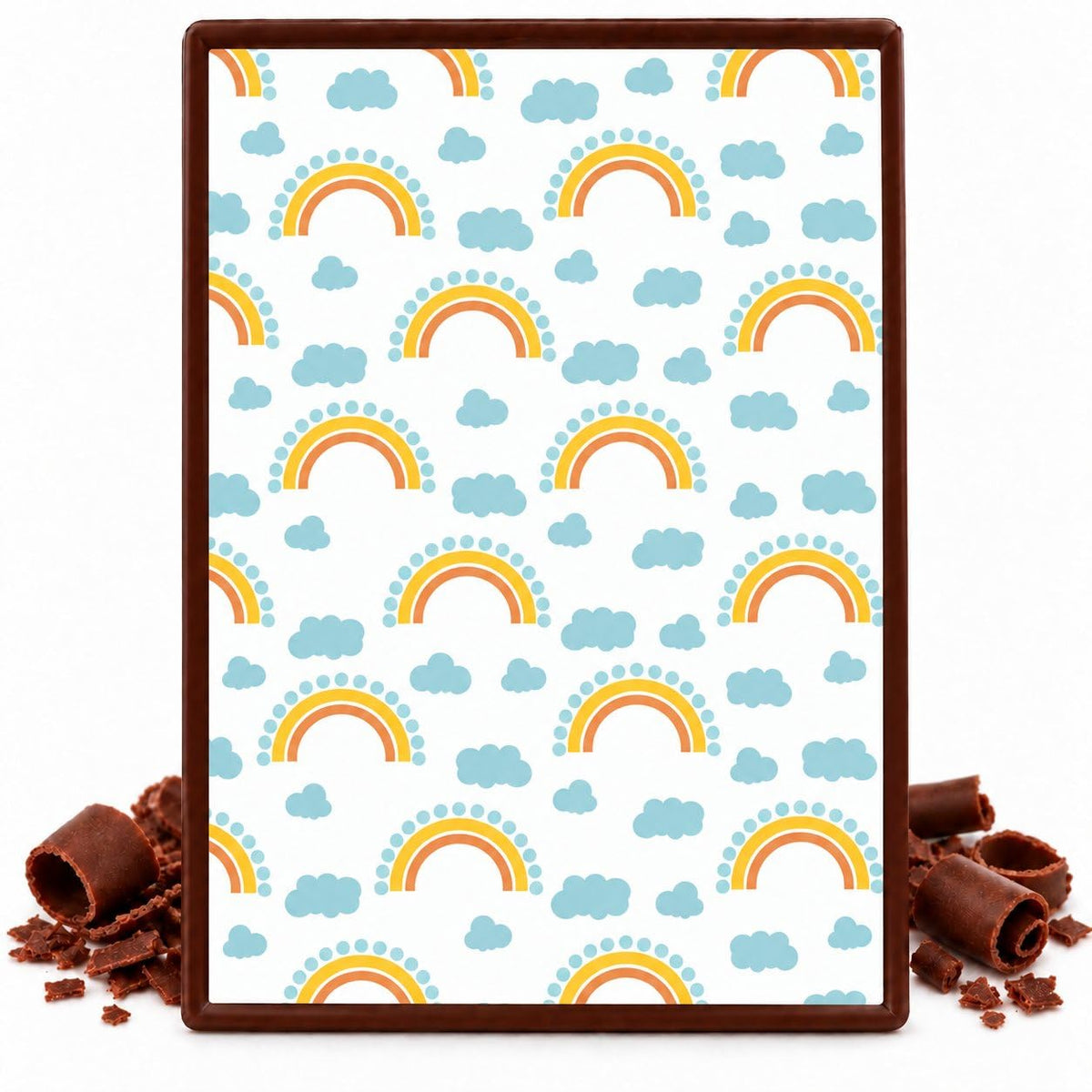 Pastel Rainbows and Blue Clouds Pattern Edible Chocolate Transfer Sheet, by Party Poppin Cake Toppin. (1 Count)