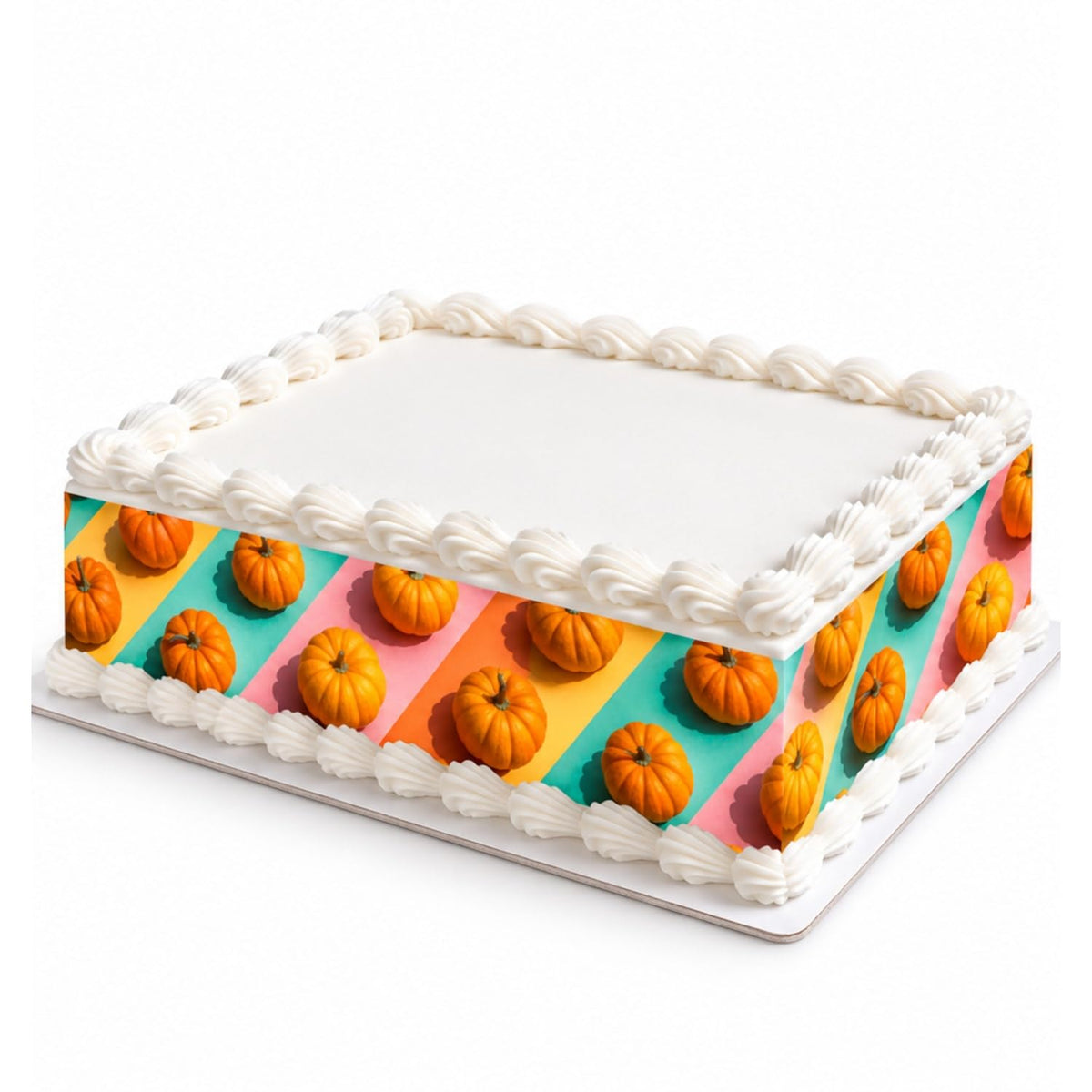 Orange Pumpkins on Colorful Diagonal Rows Edible Image Cake Border Strips, by Party Poppin Cake Toppin. (1 Count)