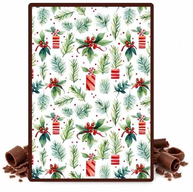 Watercolor Greenery, Berries and Red Gifts Edible Chocolate Transfer Sheet for Chocolate Covered Strawberries and Bark, 1 Count