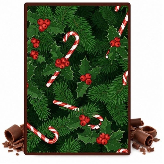Candy Canes and Holly on Dark Green Edible Chocolate Transfer Sheet for Chocolate Covered Strawberries and Bark, 1 Count