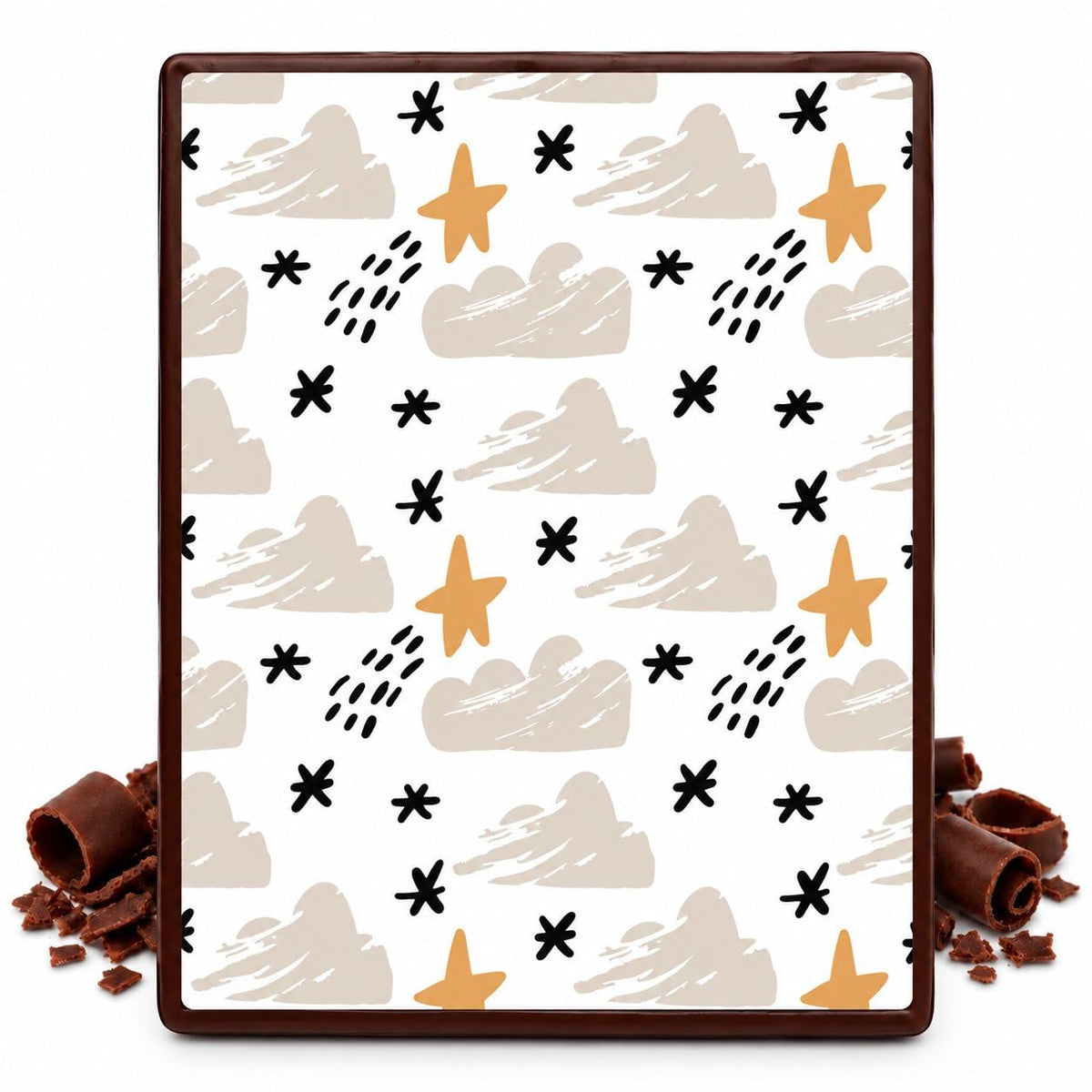 Neutral Swans Stars and Doodles Pattern Edible Chocolate Transfer Sheet, by Party Poppin Cake Toppin. (1 Count)