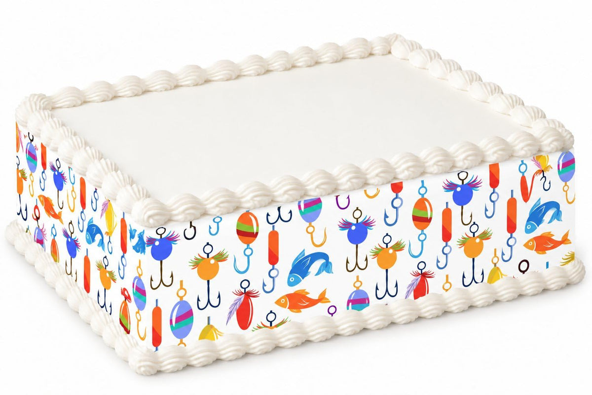 Colorful Fishing Lures and Hooks Pattern Edible Image Cake Border Strips, by Party Poppin Cake Toppin. (1 Count)