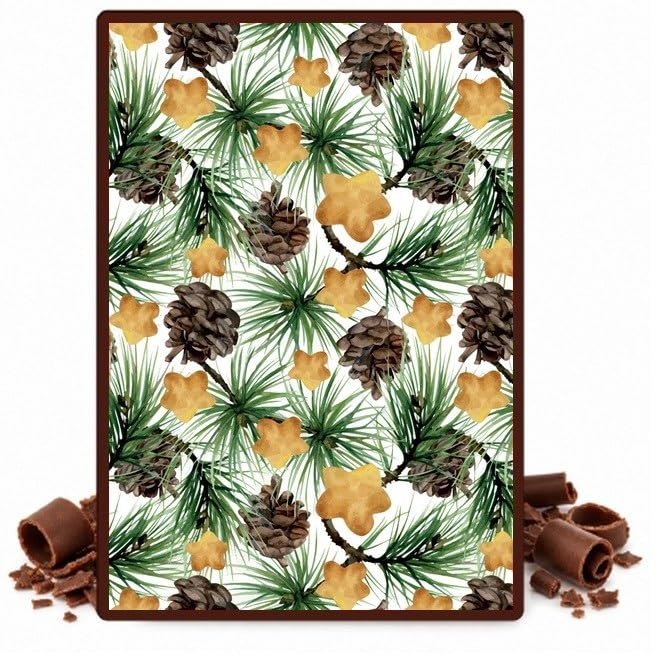 Watercolor Pine Branches Pinecones and Gold Stars Edible Chocolate Transfer Sheet for Chocolate Covered Strawberries and Bark, 1 Count
