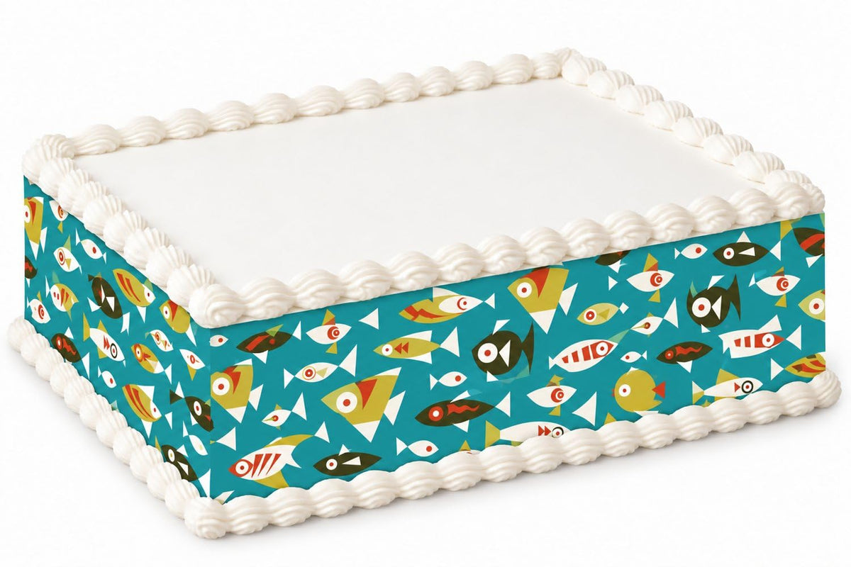 Colorful Retro Fish on Teal Pattern Edible Image Cake Border Strips, by Party Poppin Cake Toppin. (1 Count)
