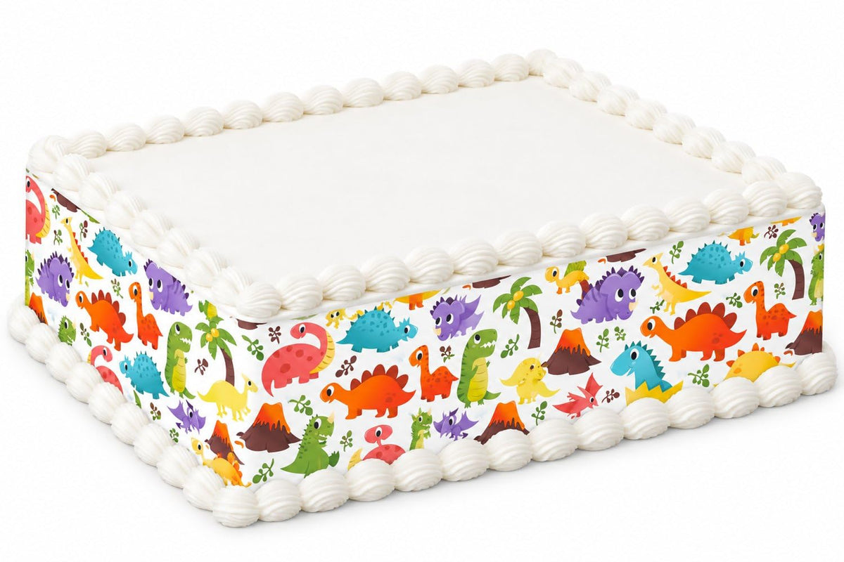 Colorful Dinosaurs and Volcanoes Pattern Edible Image Cake Border Strips, by Party Poppin Cake Toppin. (1 Count)