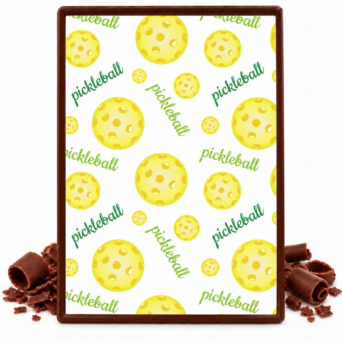 Yellow Pickleballs and Green Lettering Pattern Edible Chocolate Transfer Sheet, by Party Poppin Cake Toppin. (1 Count)
