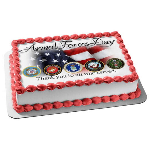 TNCT Armed Forces Day American Flag "Thank You to All Who Served" Cake Topper Image