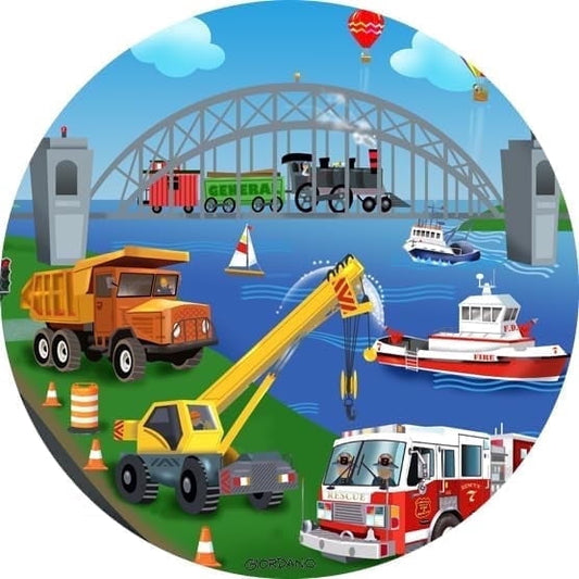 Construction Equiptment Fire Truck Police Birthday Edible Icing Image Cake Topper, by Tnct.
