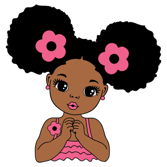 Cartoon African American Girl with Pink Lipstick, Earrings & Pink Flowers in Hair Edible Icing Image Cake Topper, by Tnct.