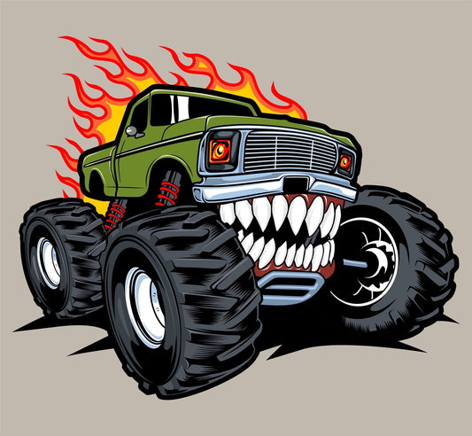 Cartoon Green Lifted Monster Truck with Teeth & Orange Flames Birthday theme Edible Icing Image Cake Topper, by Tnct.