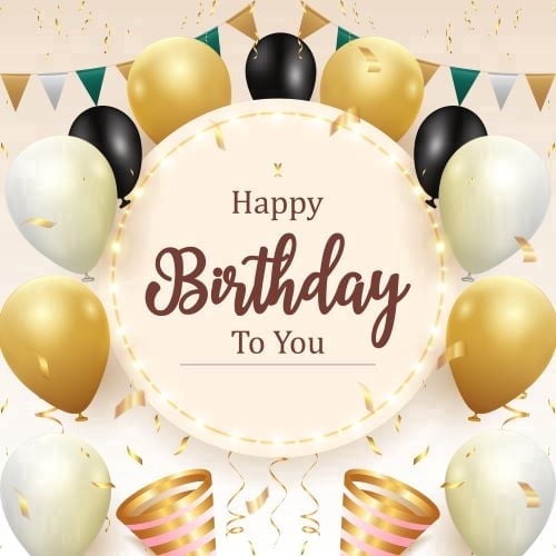 Happy Birthday to you with Balloons & Confetti Gold, Brown, White themed Edible Icing Image Cake Topper, by Tnct.
