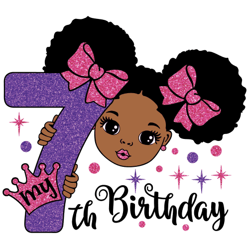 My 7th Birthday African American Cartoon Girl Peeking around Purple #7 with Crown & Bows Edible Icing Image Cake Topper, by Tnct.
