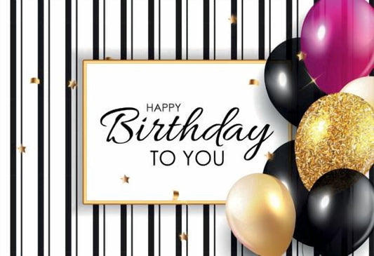 Pink, Black, & Gold Happy Birthday to you Design with Balloons, Stripes & Confetti Edible Icing Image Cake Topper, by Tnct.