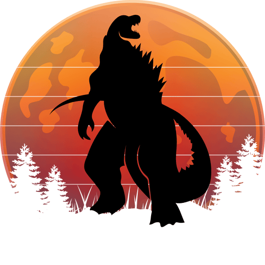 Silhouette of Godzilla in the Sunset Dinosaur Party theme Edible Icing Image Cake Topper, by Tnct.