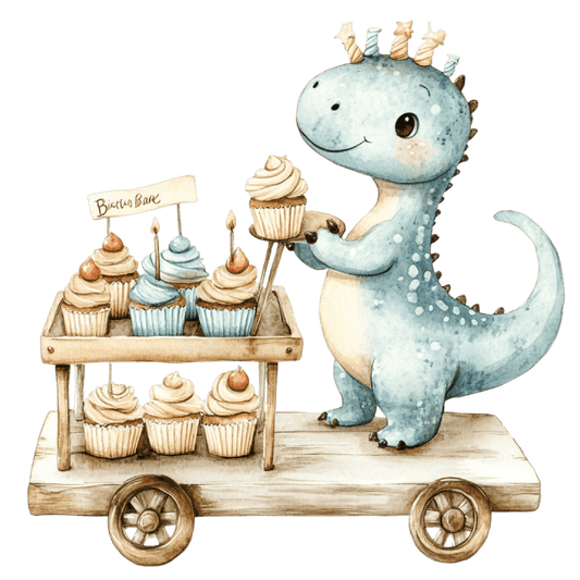 Watercolor Baby Blue Dinosaur on Wagon with Presents Edible Icing Image Cake Topper, by Tnct.