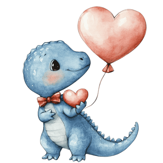 Watercolor Baby Blue Dinosaur with Heart Balloon Edible Icing Image Cake Topper, by Tnct.