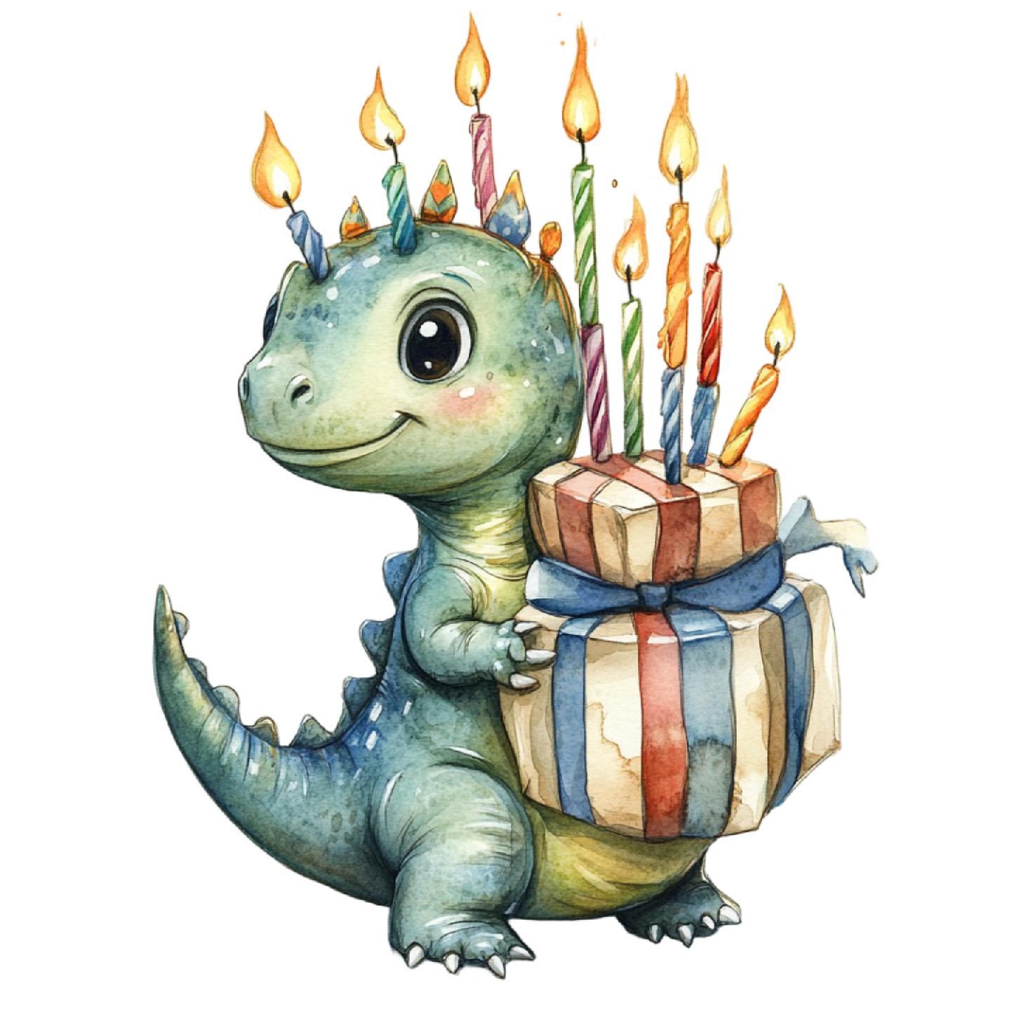 Watercolor Baby Green Dinosaur with Candles & Present Edible Icing Image Cake Topper, by Tnct.