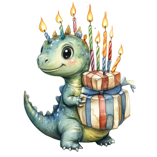 Watercolor Baby Green Dinosaur with Candles & Present Edible Icing Image Cake Topper, by Tnct.