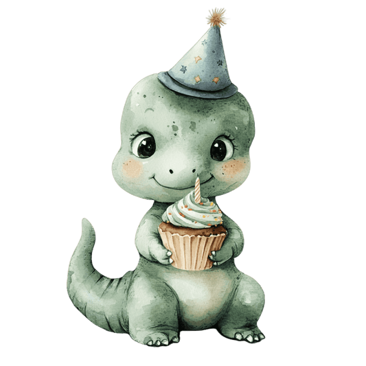 Watercolor Baby Green Dinosaur with Cupcake Edible Icing Image Cake Topper, by Tnct.