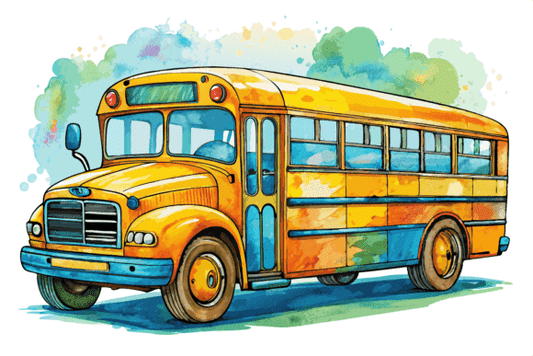 Watercolor Retro School Bus theme Birthday Back to School Edible Icing Image Cake Topper, by Tnct.