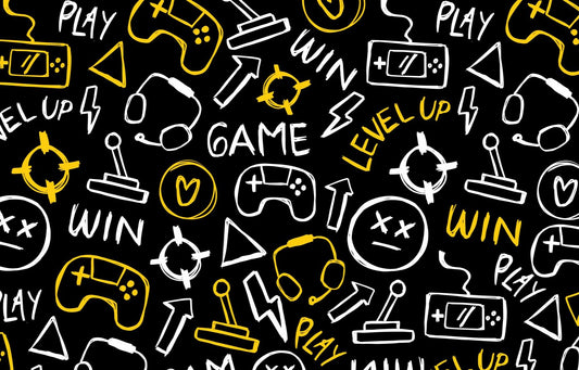 Gamer Black, White & Yellow Smiley Face, Joystick Level Up, Win, Play Pattern Edible Image Photo Cake Topper For Quarter Sheet Cake