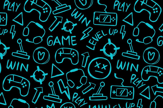 Black & Neon Blue Gamer Control, Win, Play, Level Up Pattern Edible Image Photo Cake Topper For Quarter Sheet Cake