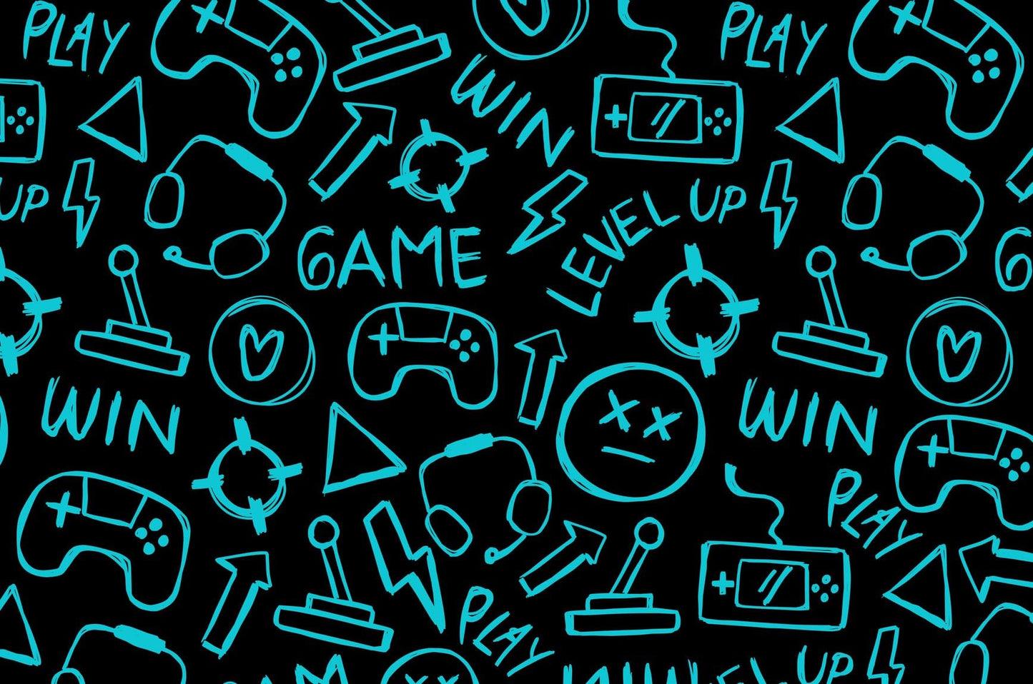 Black & Neon Blue Gamer Control, Win, Play, Level Up Pattern Edible Image Photo Cake Topper For Half Sheet Cake