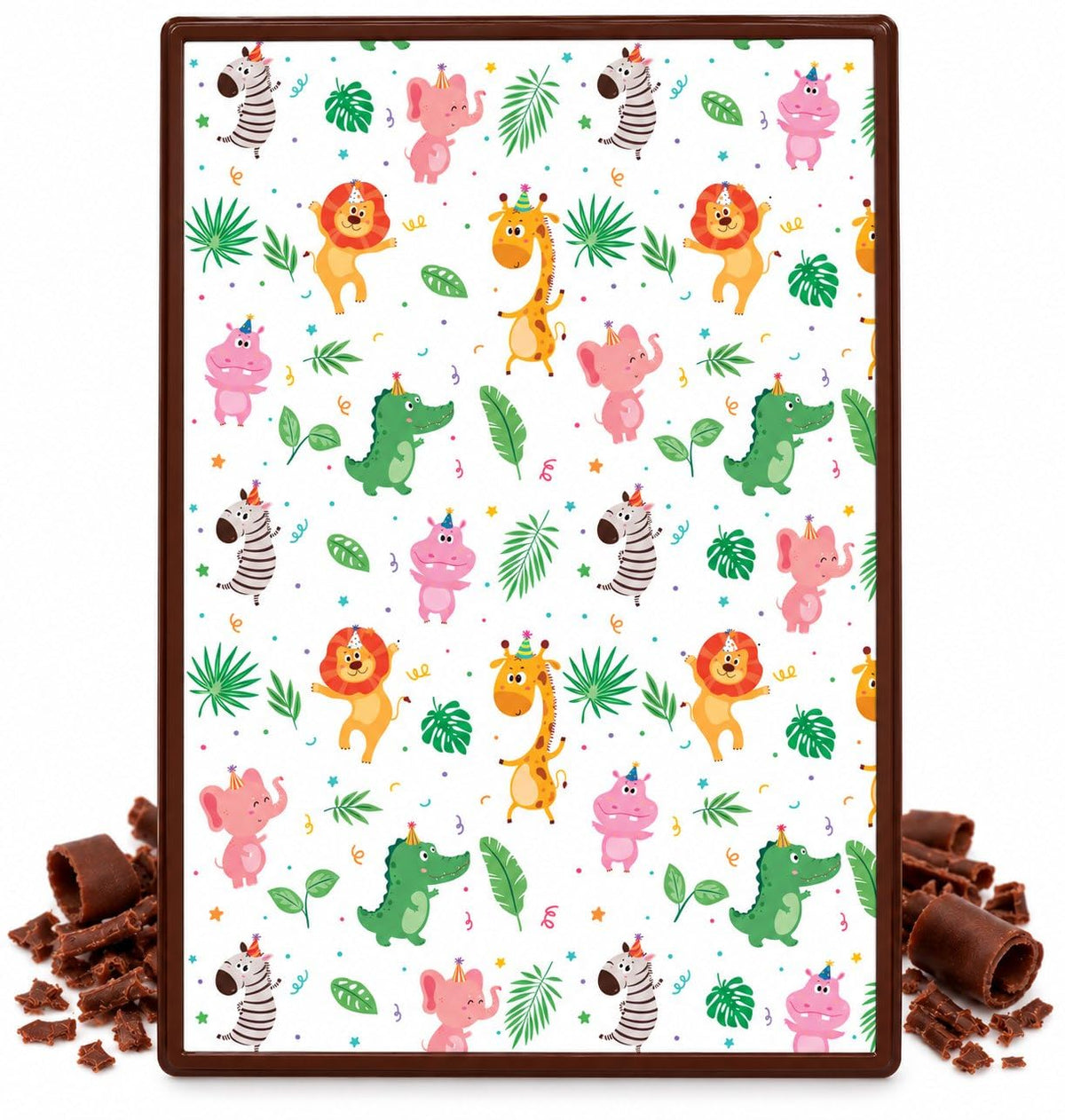 Cute Jungle Animals and Leaves Pattern Edible Chocolate Transfer Sheet, by Party Poppin Cake Toppin. (1 Count)