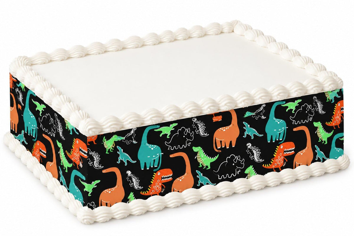 Colorful Dinosaurs on Black Pattern Edible Image Cake Border Strips, by Party Poppin Cake Toppin. (1 Count)