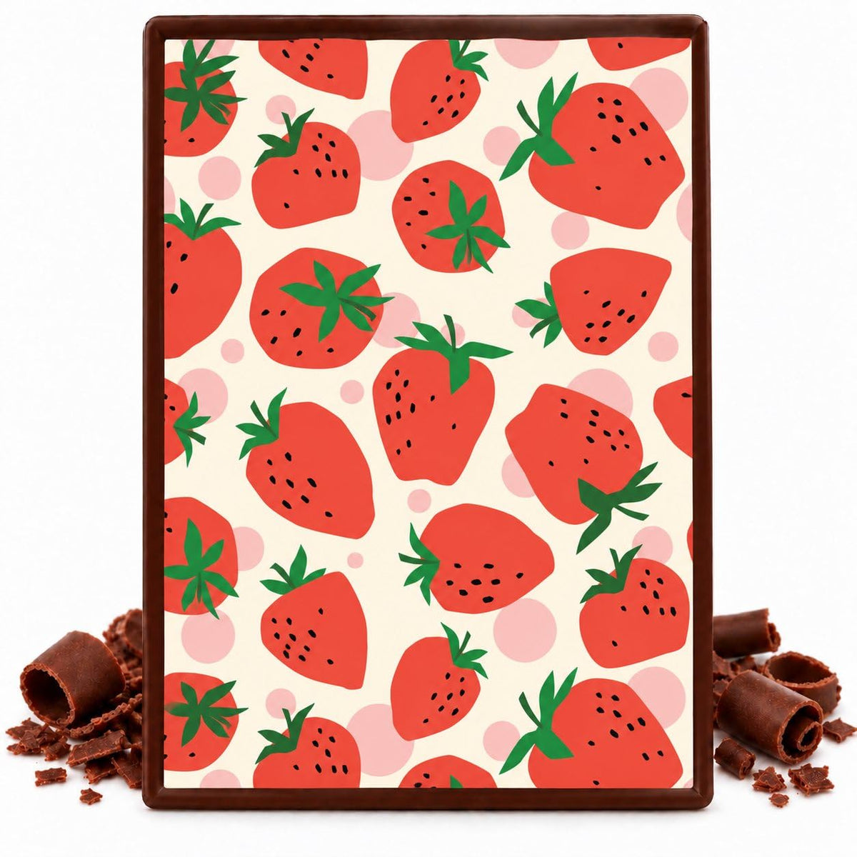 Red Strawberries on Coral Pink Pattern Edible Chocolate Transfer Sheet, by Party Poppin Cake Toppin. (1 Count)