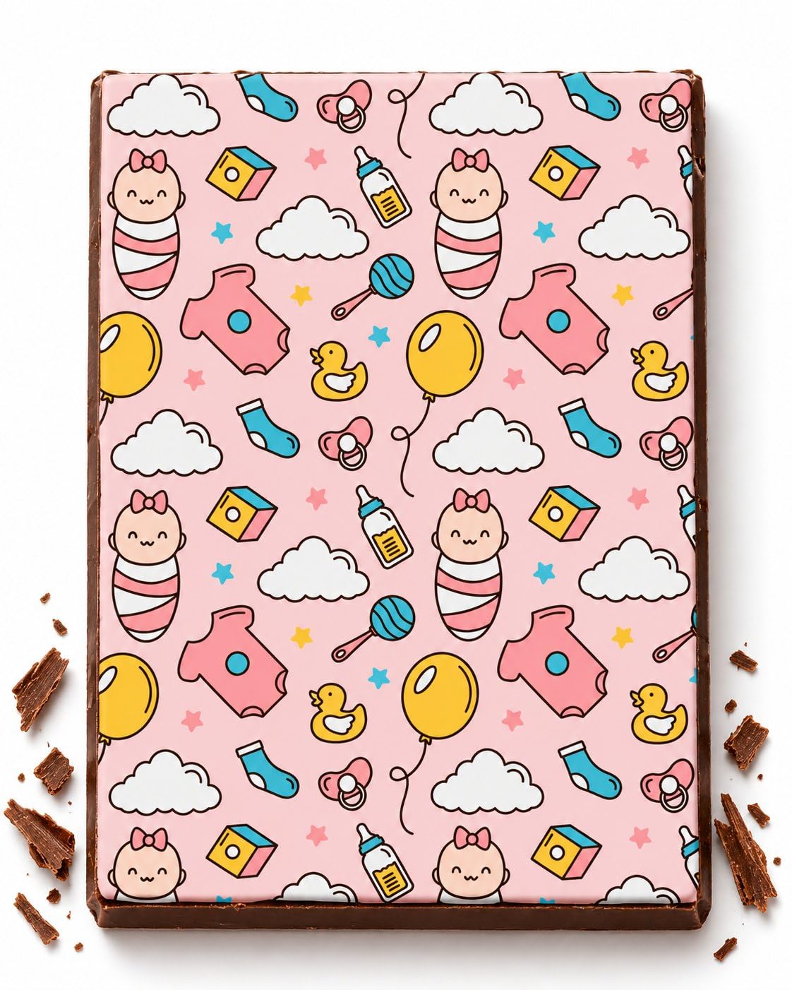 Pink Baby Bottles Balloons and Swaddled Babies Pattern Edible Chocolate Transfer Sheet, by Party Poppin Cake Toppin. (1 Count)