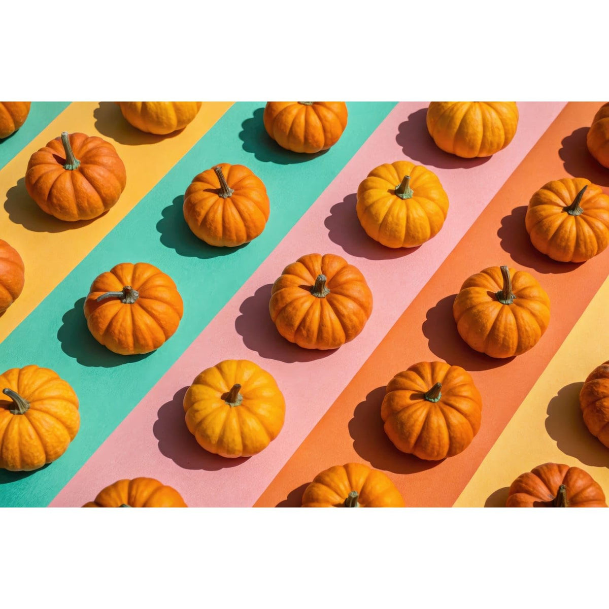 Orange Pumpkins on Colorful Diagonal Rows Edible Image Cake Border Strips, by Party Poppin Cake Toppin. (1 Count)