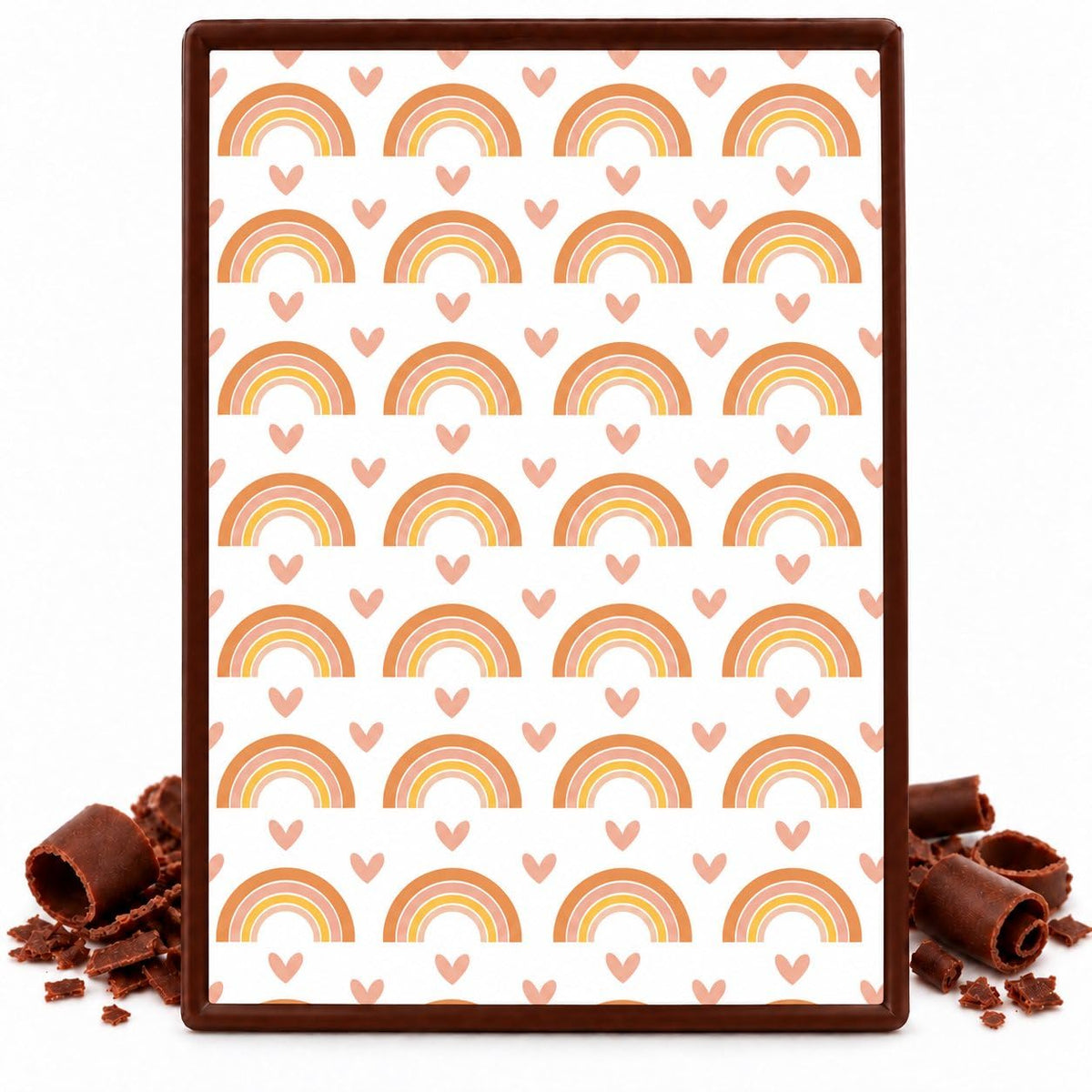 Peach Rainbows and Pink Hearts Pattern Edible Chocolate Transfer Sheet, by Party Poppin Cake Toppin. (1 Count)