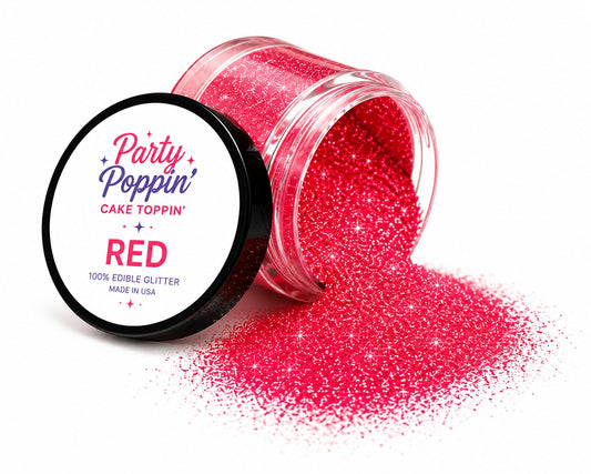 Party Poppin Cake Toppin Coral Red Edible Glitter – Food Grade Edible Glitter for Cakes, Cupcakes & Drinks – Coral Red – 5 Gram Pot with Tear Drop Lid