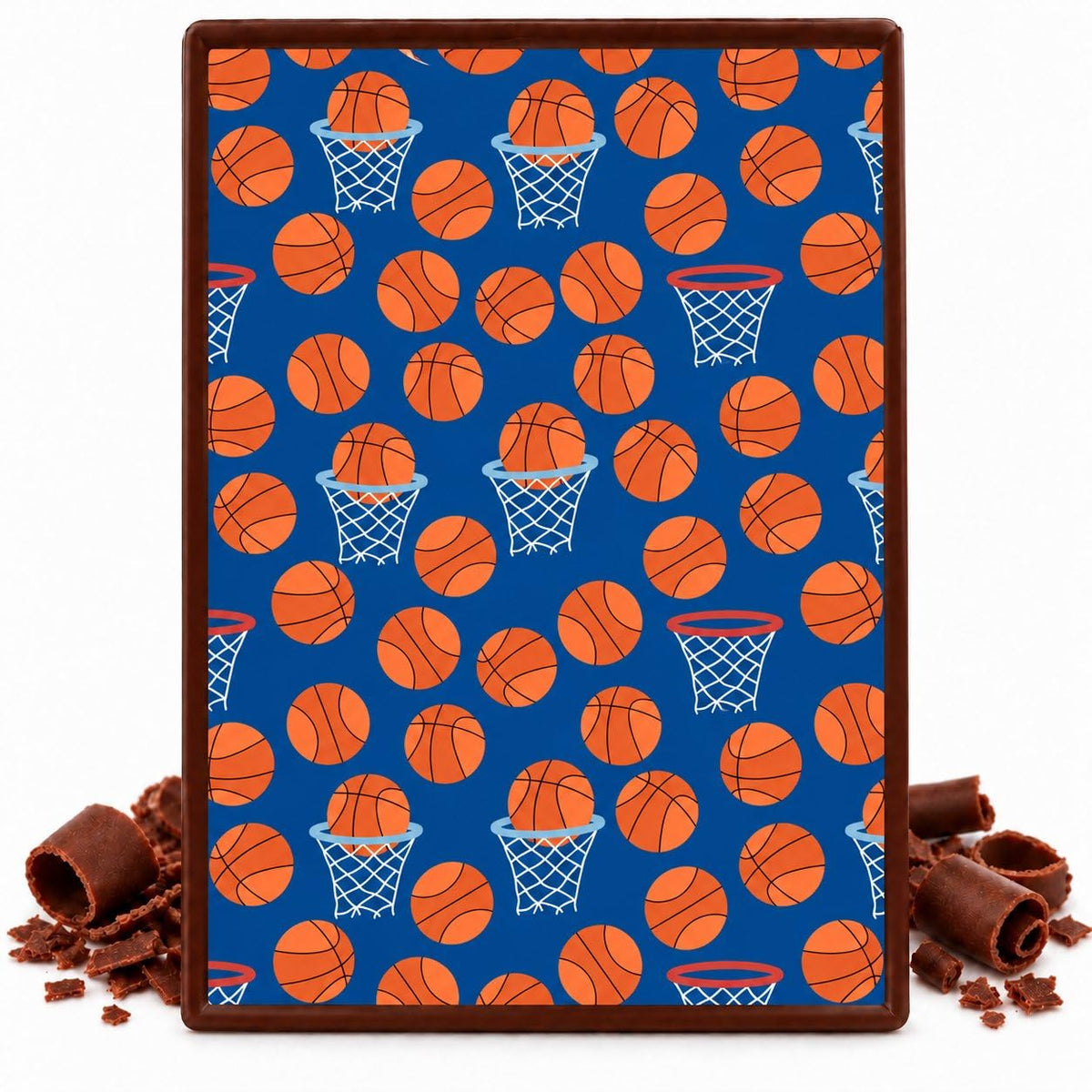 Orange Basketballs on Blue Pattern Edible Chocolate Transfer Sheet, by Party Poppin Cake Toppin. (1 Count)