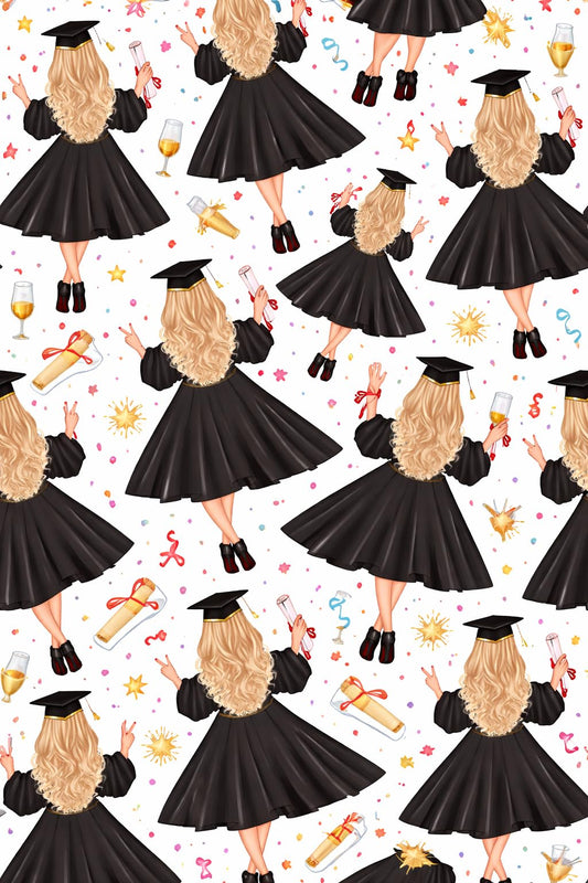 Back of Blonde Graduate Walking with Diploma Pattern Edible Image Chocolate Transfer Sheet. Apply To Your Custom Chocolate Treats