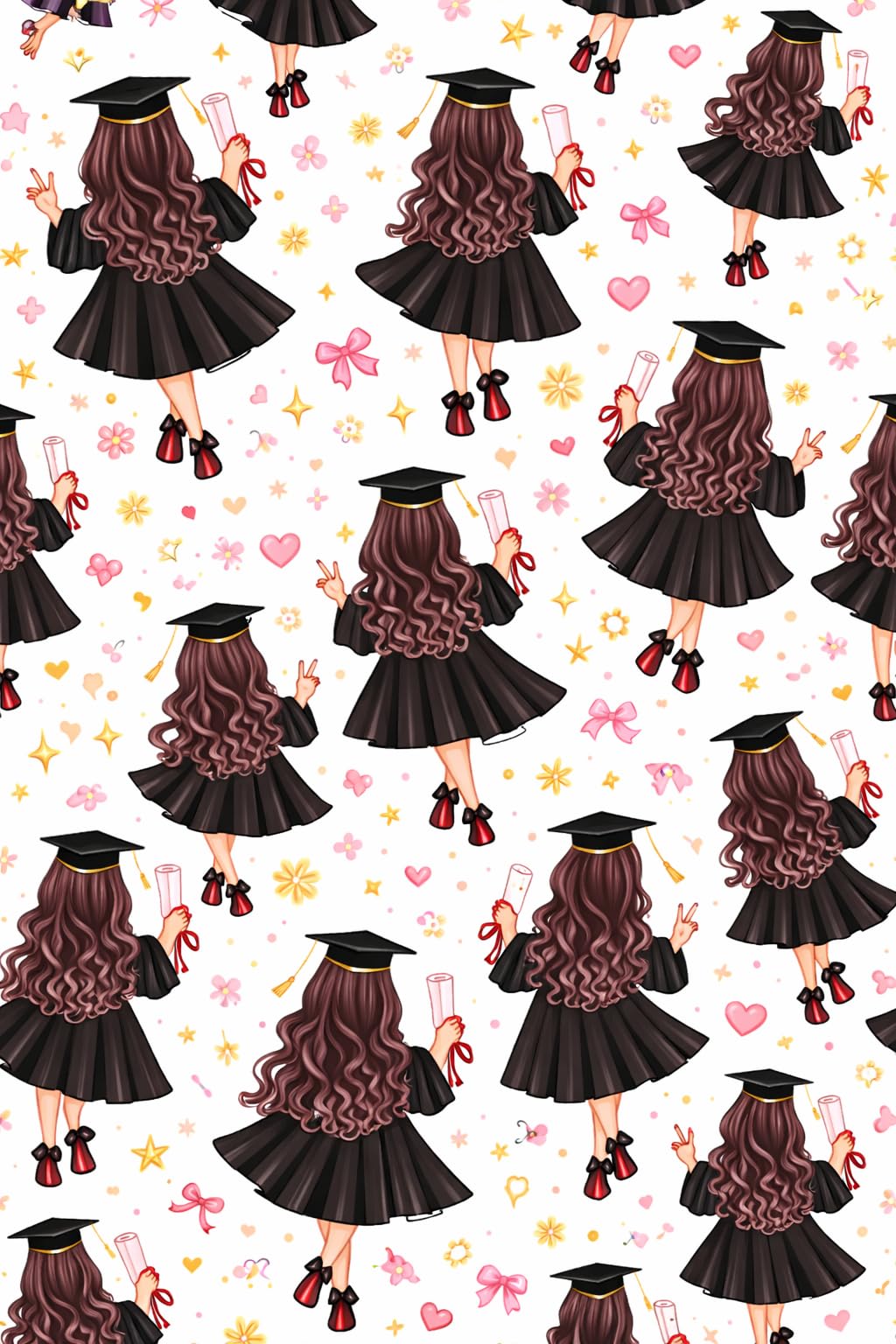 Back of Brunette in Cap & Gown Graduation with Diploma Pattern Edible Image Photo Cake Topper For Half Sheet Cake